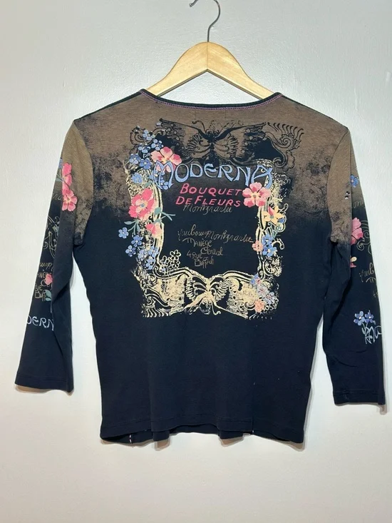 Vanilla Sugar Vintage Y2K Black 3/4 Long Sleeve Top pink black gem detail size M - Picture 2 of 7